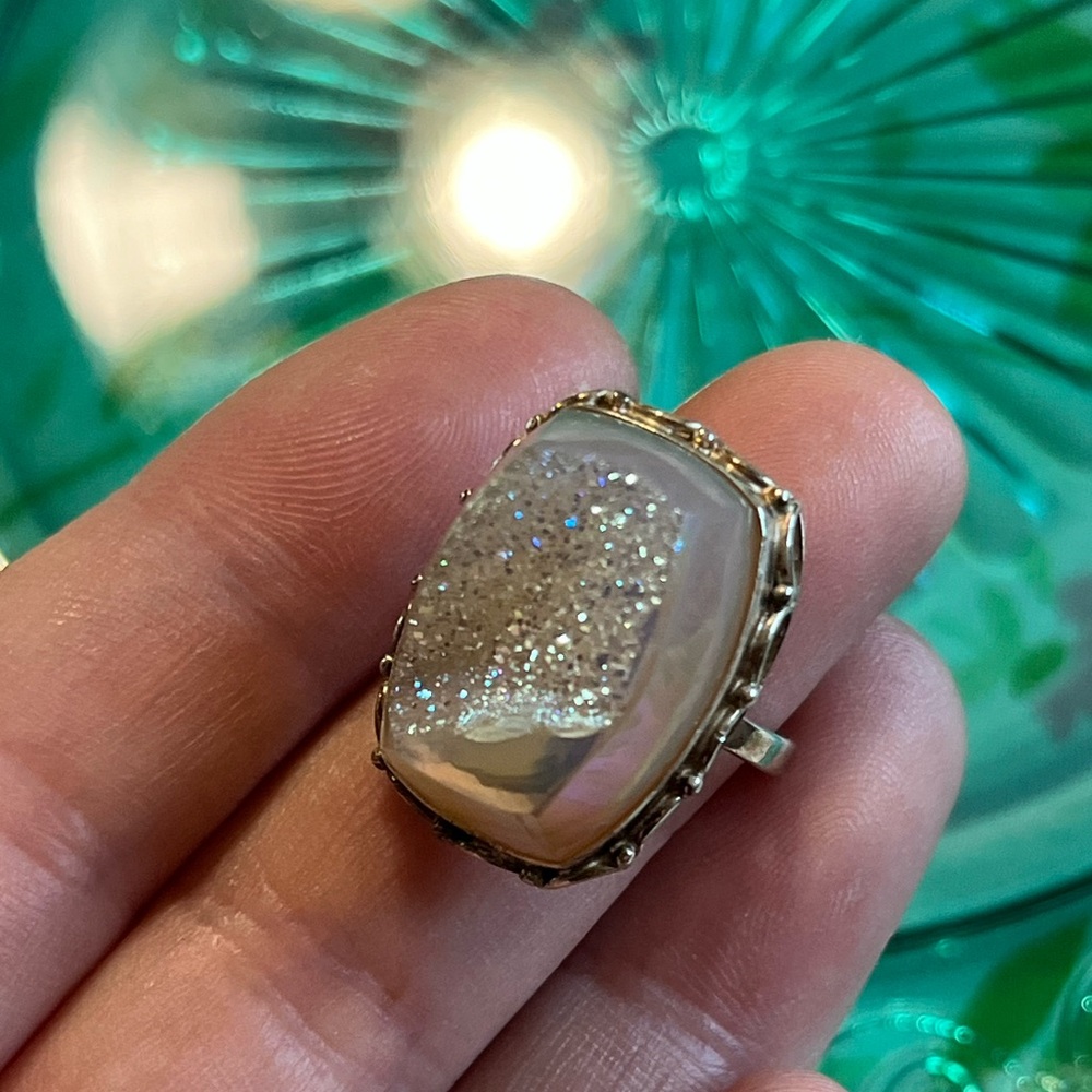 Vintage Artisan Made Druzy Quartz Crystal Sterling Silver 925 Ring Size 7